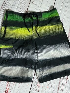 Mossimo Supply Co. Sz 34 Black, Green & Yellow Striped Swim Shorts
